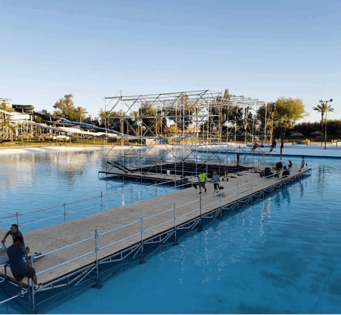 Floating platform on a large pool.
