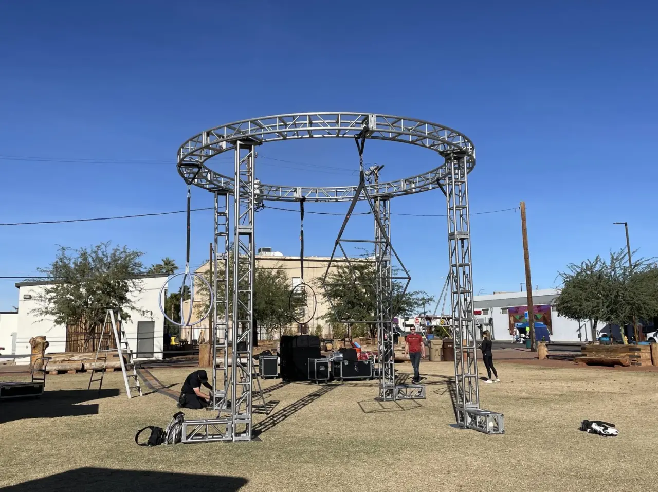 Metal scaffolding structure in outdoor setting.
